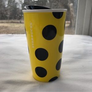 Ceramic Starbucks 2015 yellow with black polka dots travel tumbler coffee mug